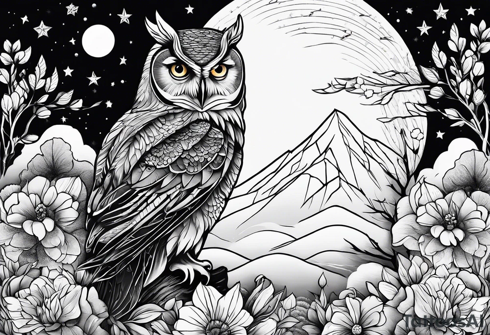 Winter sky, flowers, owls, stars, tattoo idea