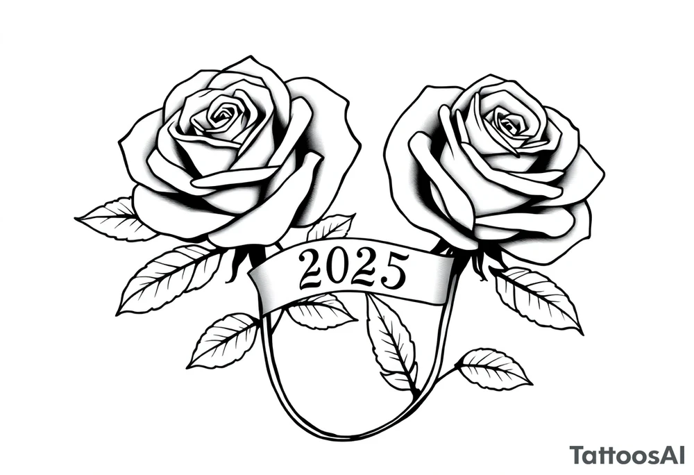 two beautiful large rose buds, one larger than the other, with many leaves next to the rose buds, with one sitting higher than the other. Include a banner connecting the two roses with the year 2025 on it.   Use dark outlines with little shading. The two stems should be short, not long, and connect and join into one stem, whimsically curved or twisted - not straight down. tattoo idea