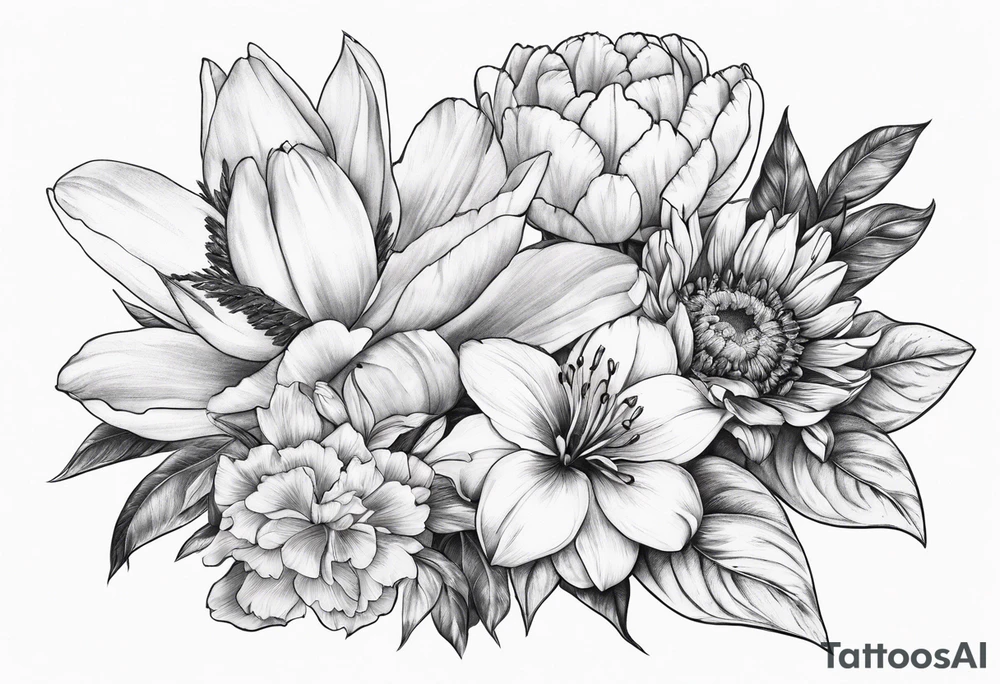 Bouquet with one Lily one sunflower one peony one cherry blossom and one tulip tattoo idea