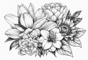 Bouquet with one Lily one sunflower one peony one cherry blossom and one tulip tattoo idea