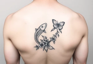 Two small koi fish wrap around wrist tattoo with flowers and butterfly on the wrist fine line tattoo idea