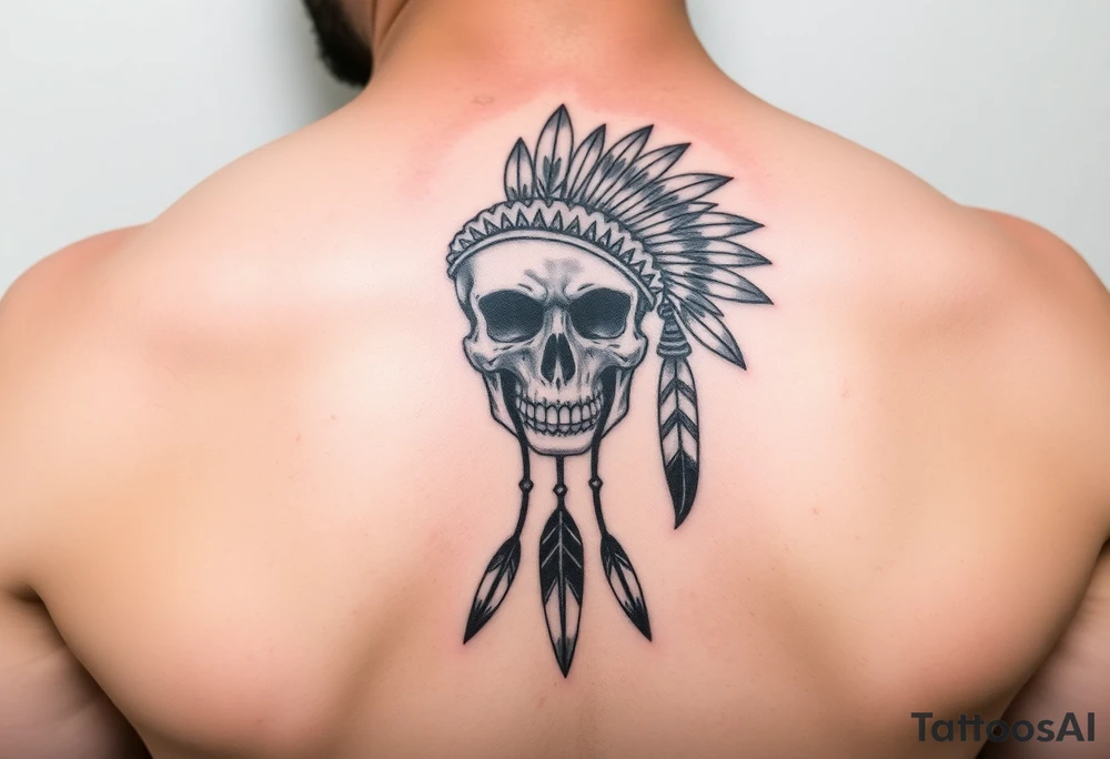 Native American skull with head dress and arrows below tattoo idea