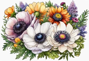 a white anemone with black center in the middle of equal sized mixed colorful wildflowers all with different shapes including thistles, ferns, ranuculus, and sun flowers all in watercolor tattoo idea