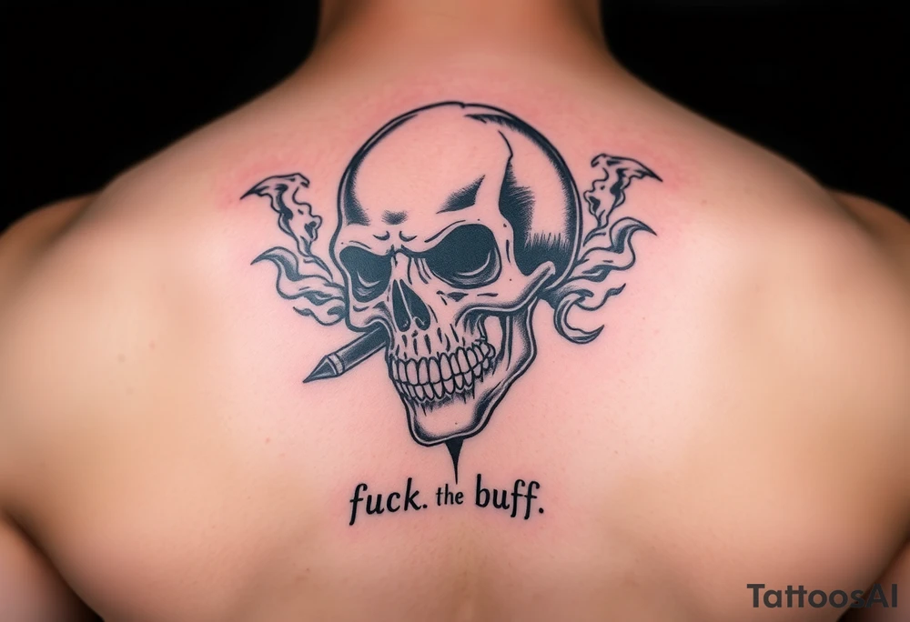 Graffiti type skull with markers and nibs behind it with smoke that says fuck the buff tattoo idea