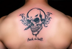 Graffiti type skull with markers and nibs behind it with smoke that says fuck the buff tattoo idea