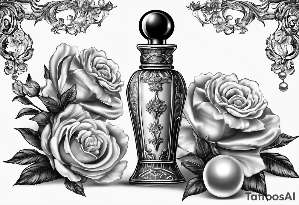 1950s perfume bottle and 1950s lipstick tube wrapped with pearls, hair bows, flowers, and lace. tattoo idea