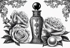 1950s perfume bottle and 1950s lipstick tube wrapped with pearls, hair bows, flowers, and lace. tattoo idea