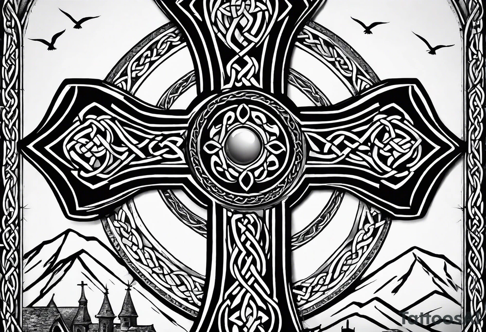 A stone Celtic cross, standing solemnly, with a raven perched on the arm of the cross tattoo idea