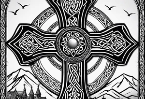 A stone Celtic cross, standing solemnly, with a raven perched on the arm of the cross tattoo idea