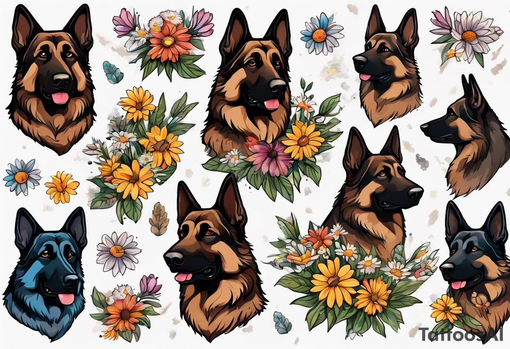 Dark Brown German shepherd portrait surrounded by  daisies brightly colored tattoo idea