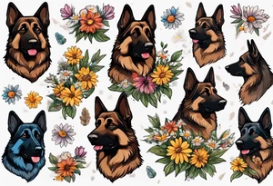 Dark Brown German shepherd portrait surrounded by  daisies brightly colored tattoo idea
