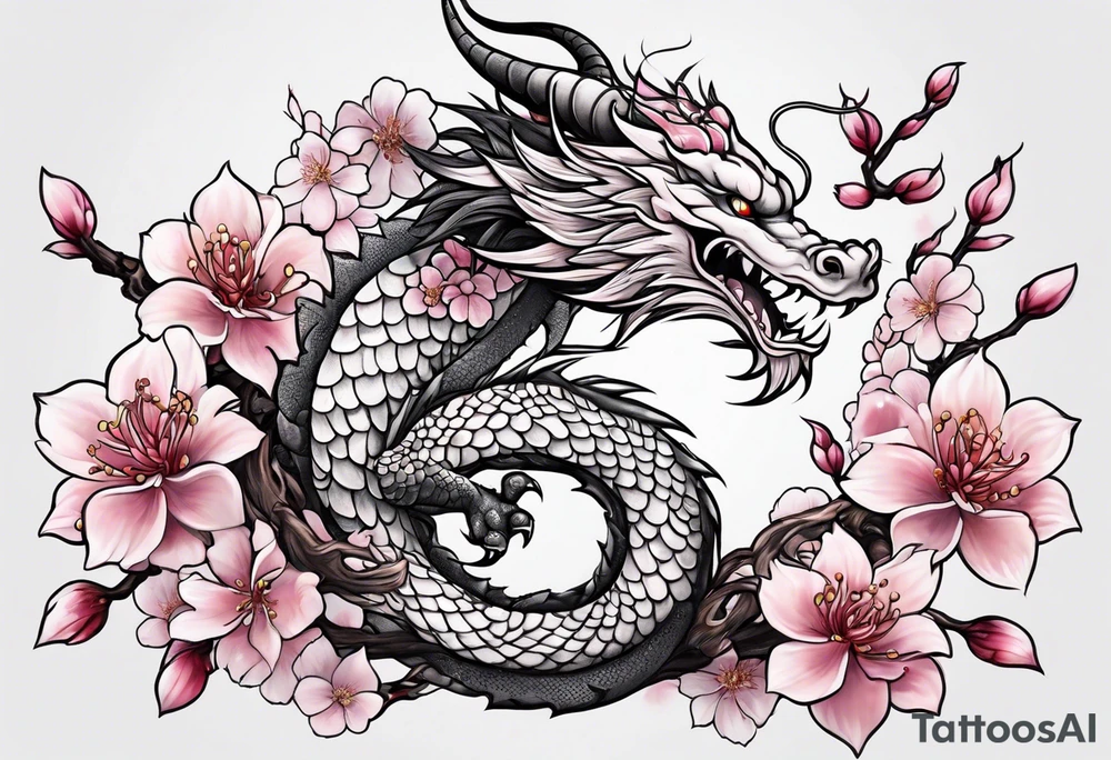 Delicate feminine dragon intertwined in cherry blossom tattoo idea