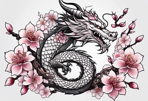 Delicate feminine dragon intertwined in cherry blossom tattoo idea