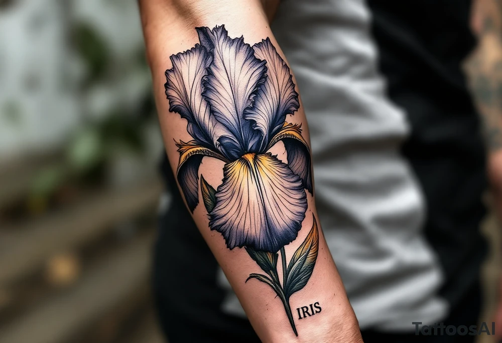 big iris flower with the name “IRIS” written in the stem of the flower on the outside of the forearm tattoo idea