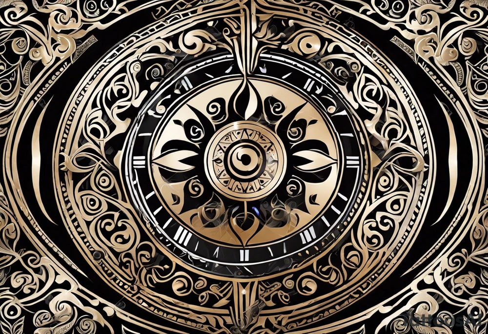 Craft a tribal Maori tattoo design seamlessly integrating the tree of life, a doctor bird, lignum vitae flowers, a nautical compass, and an old-school pocket watch. The design should flow from the arm to the chest, emphasizing equal importance for each element. Utilize traditional Maori patterns and symbolism to convey meaningful representation of these elements within the design, executed in a black and grey color scheme tattoo idea