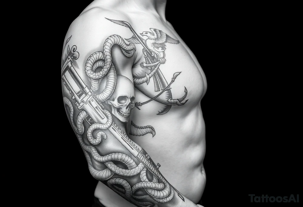 I want a full sleeve from shoulder to wrist. I want to incorporate a firefighter and Marine corps logo. I like snakes, rifles, guns, flames and skulls tattoo idea