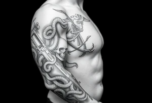 I want a full sleeve from shoulder to wrist. I want to incorporate a firefighter and Marine corps logo. I like snakes, rifles, guns, flames and skulls tattoo idea
