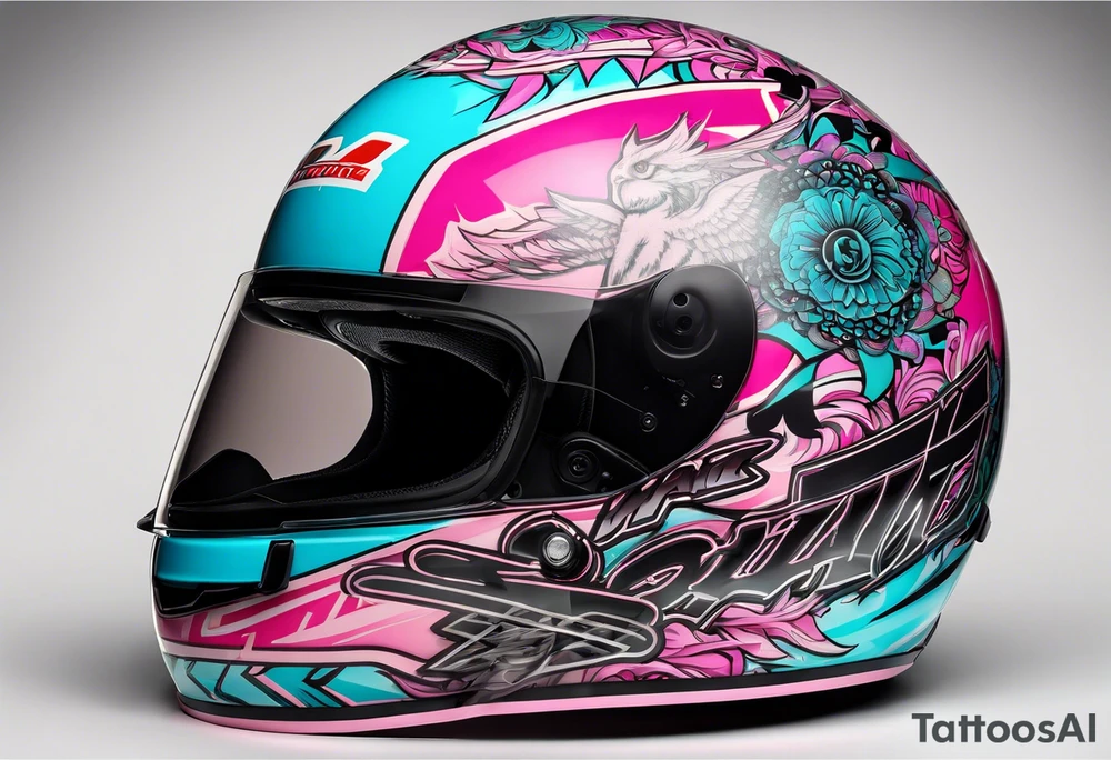 formula 1 helment with miami name and black light blue and pink colors tattoo idea