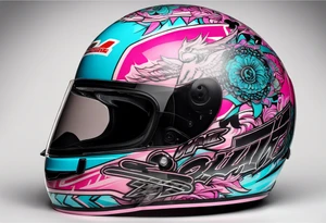 formula 1 helment with miami name and black light blue and pink colors tattoo idea