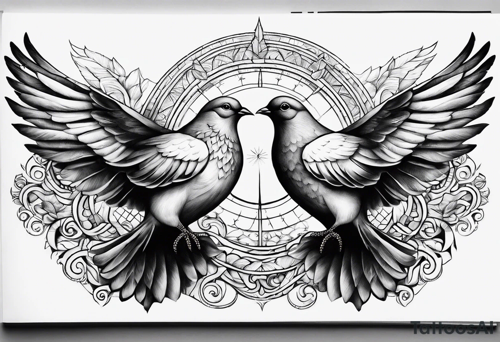 2 doves at the bottom compas sun at the top tattoo idea