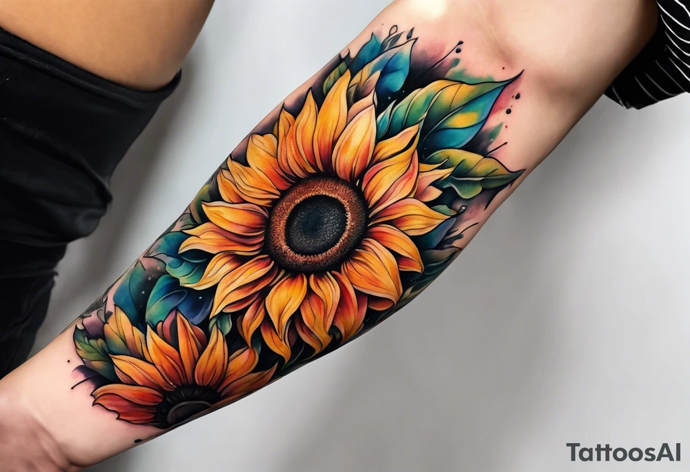 Colorful sunflower arm sleeve tattoo idea