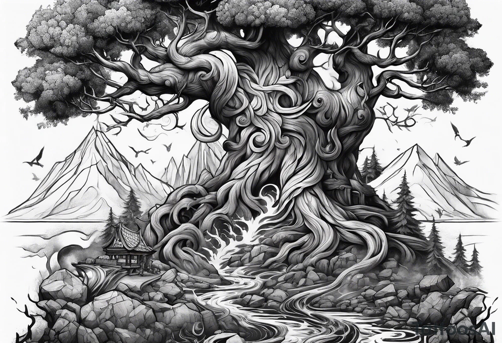 yggdrasil merging into a viking battle scene tattoo idea