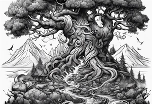 yggdrasil merging into a viking battle scene tattoo idea