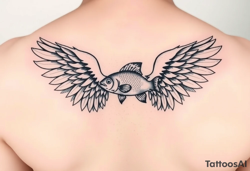 angel wings with fish inside tattoo idea