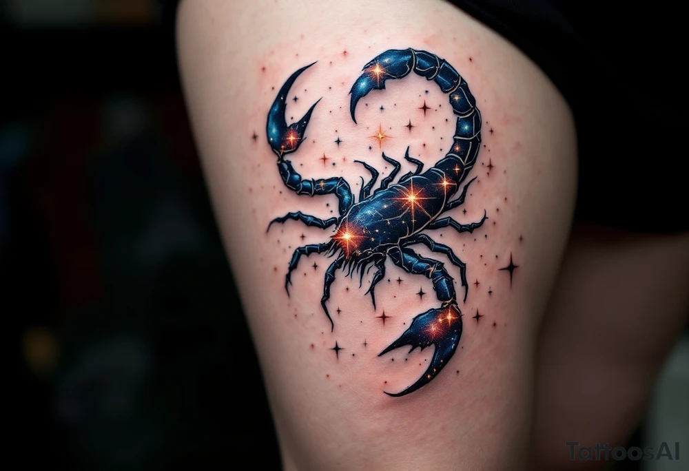 Scorpius astrology symbol stretches its body across the cosmos to a star constellation, with stingers twinkling in icy blue and fiery red. tattoo idea
