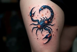 Scorpius astrology symbol stretches its body across the cosmos to a star constellation, with stingers twinkling in icy blue and fiery red. tattoo idea
