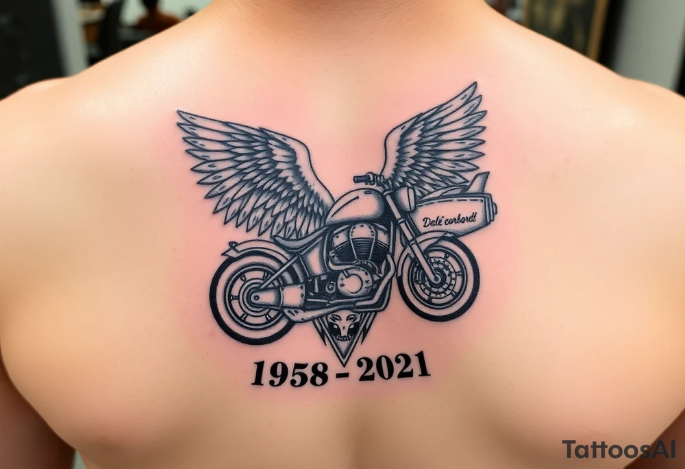 Dale Earnhardt car on it with the year 1958 - 2021 intertwined with a motorcycle on it with guardian angel wolves tattoo idea
