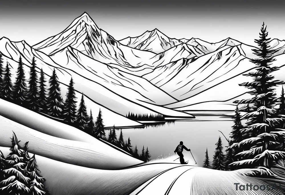 snow skier in distance coming down mountain in distance with trees and mountains and lake at bottom with waterskier tattoo idea
