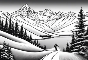 snow skier in distance coming down mountain in distance with trees and mountains and lake at bottom with waterskier tattoo idea