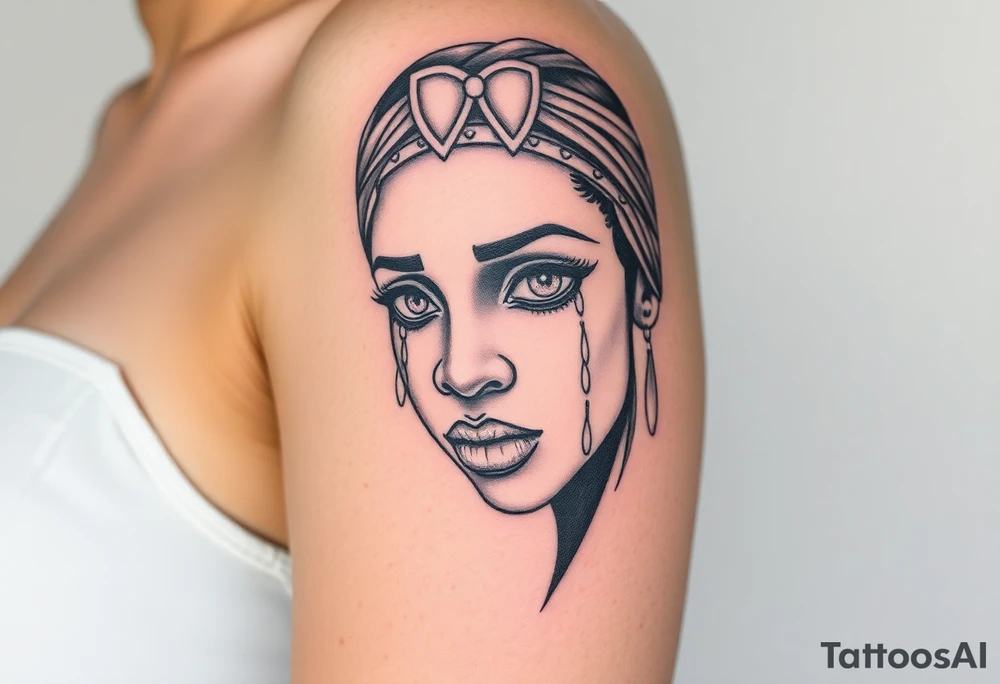 African goddess with white eyes crying white tears tattoo idea