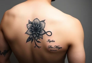 January and December birth Flower with infinity sign and the names Jayden and Maya tattoo idea