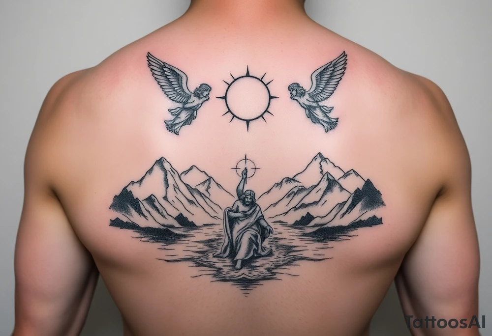Jesus walking on water with mountains around and two angels looking over him tattoo idea