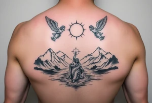 Jesus walking on water with mountains around and two angels looking over him tattoo idea