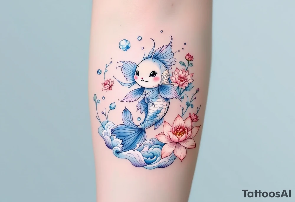 Catfish with Floral Elements – A gentle catfish with light blue-gray skin, surrounded by lotus flowers and soft pastel water waves, blending naturalistic and ornamental styles. tattoo idea
