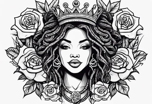 locs, money, crown, rose tattoo idea