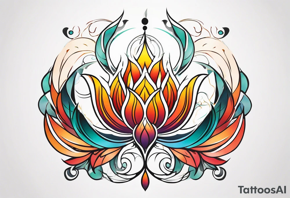 one vertical tattoo that combines lotus flower, phoenix and helix, strength and resilience symbols tattoo idea