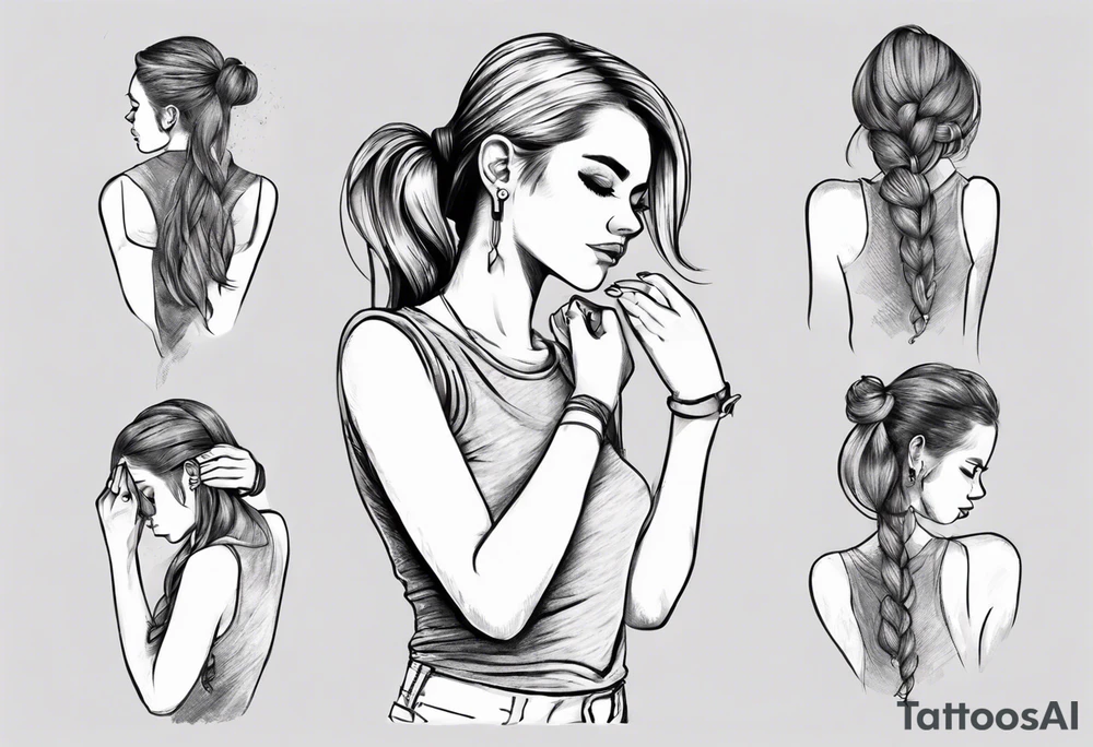 Cute girl tying her hair at the back of her head. She is wearing a sleeveless shirt tattoo idea