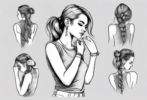 Cute girl tying her hair at the back of her head. She is wearing a sleeveless shirt tattoo idea