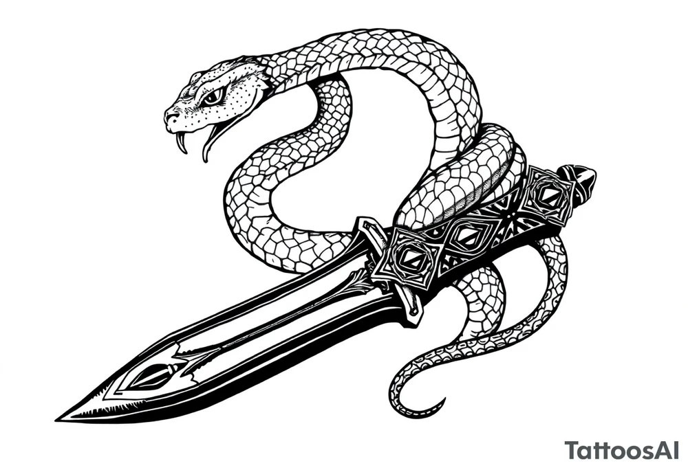 mystical snake coiled around an ancient dagger with jeweled hilt tattoo idea