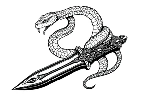 mystical snake coiled around an ancient dagger with jeweled hilt tattoo idea