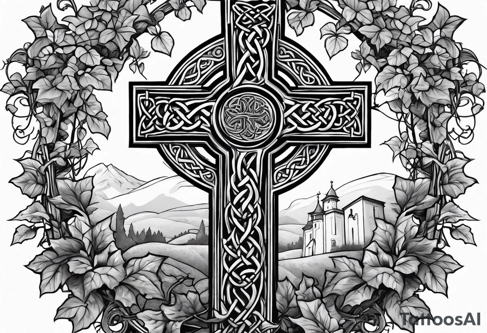 Celtic cross overgrown with ivy tattoo idea