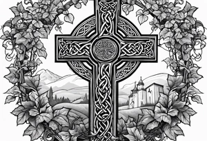 Celtic cross overgrown with ivy tattoo idea