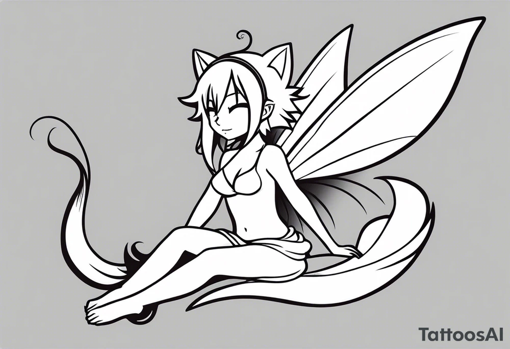 A fairy with a tail inspired by the logo of the show called Fairy Tail in a fetal position leaning in tattoo idea