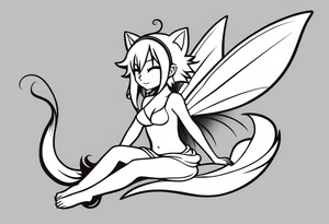 A fairy with a tail inspired by the logo of the show called Fairy Tail in a fetal position leaning in tattoo idea