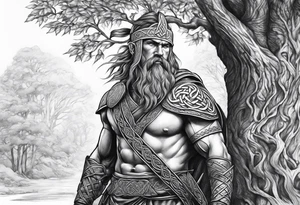 Celtic warrior facing left with trees I'm background tattoo idea
