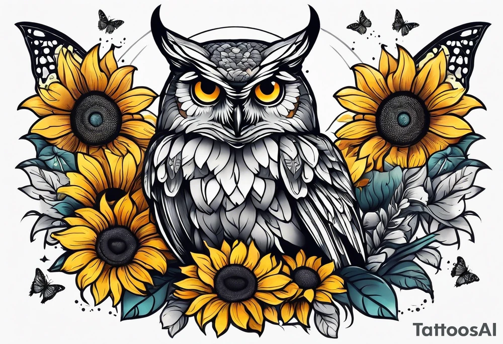 Small owl with sunflowers and butterflies arm sleeve tattoo idea